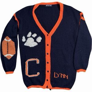 Hand Knit Eliana Clemson Tillman Hall Football Cardigan Sweater Navy Orange